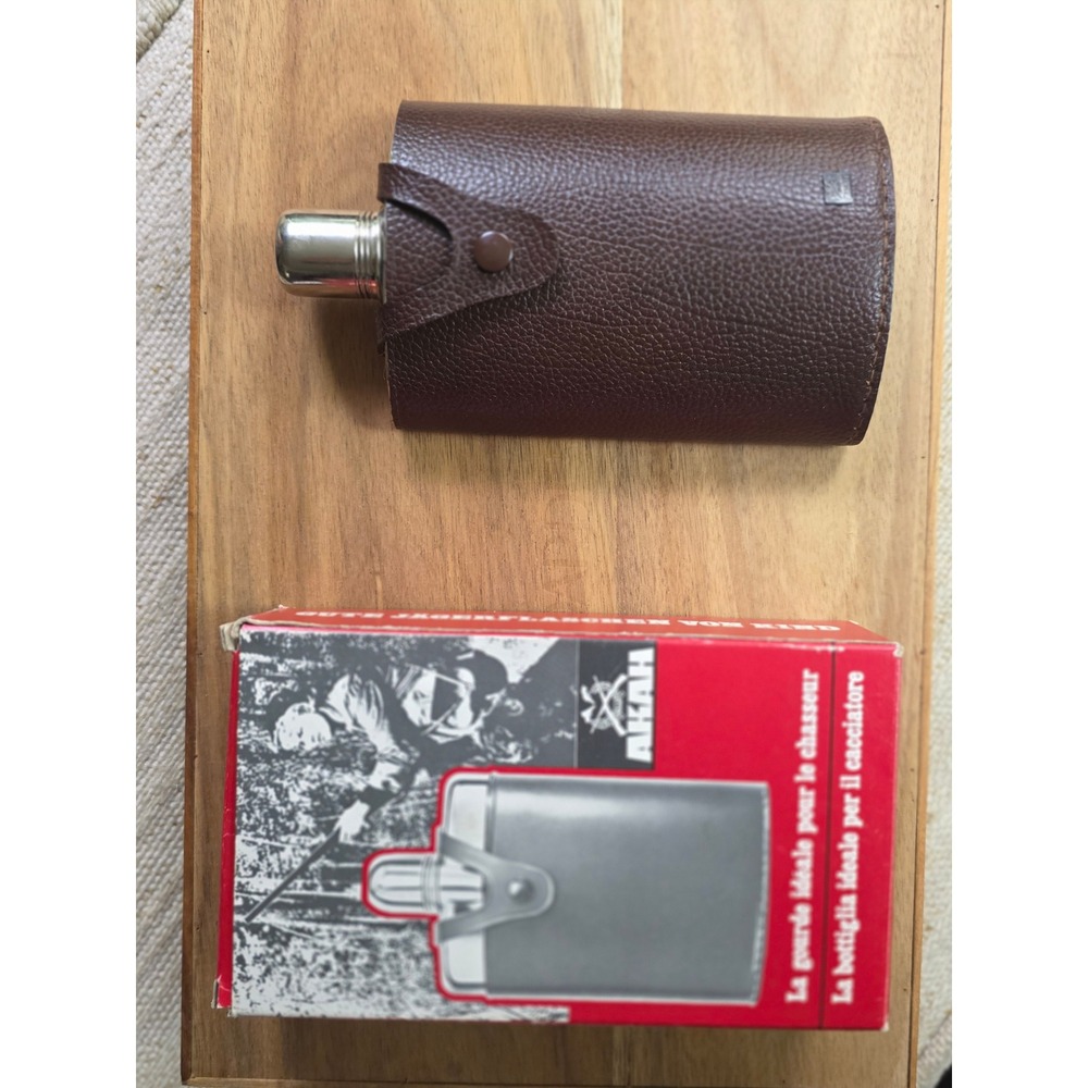 AKAH Jagerflasche Vintage Hip Flask Brown Leather Stainless Steel Hunting 78020